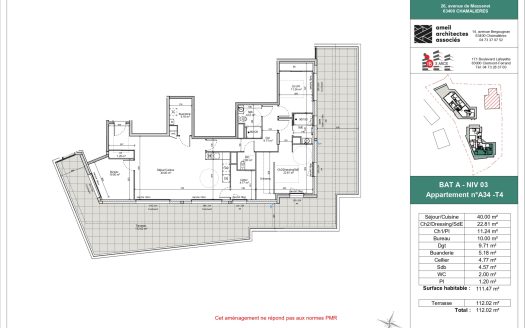 CHAMALIERES – Dernier étage, résidence de standing, T4 de 111 m2 avec avec terrasse 112 m2 et garage double